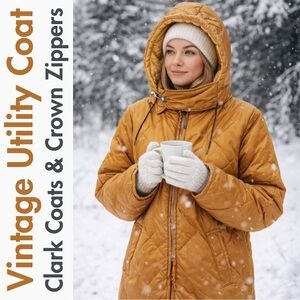 Vintage Quilted Utility Coat with Detachable Buckle Hood, XL